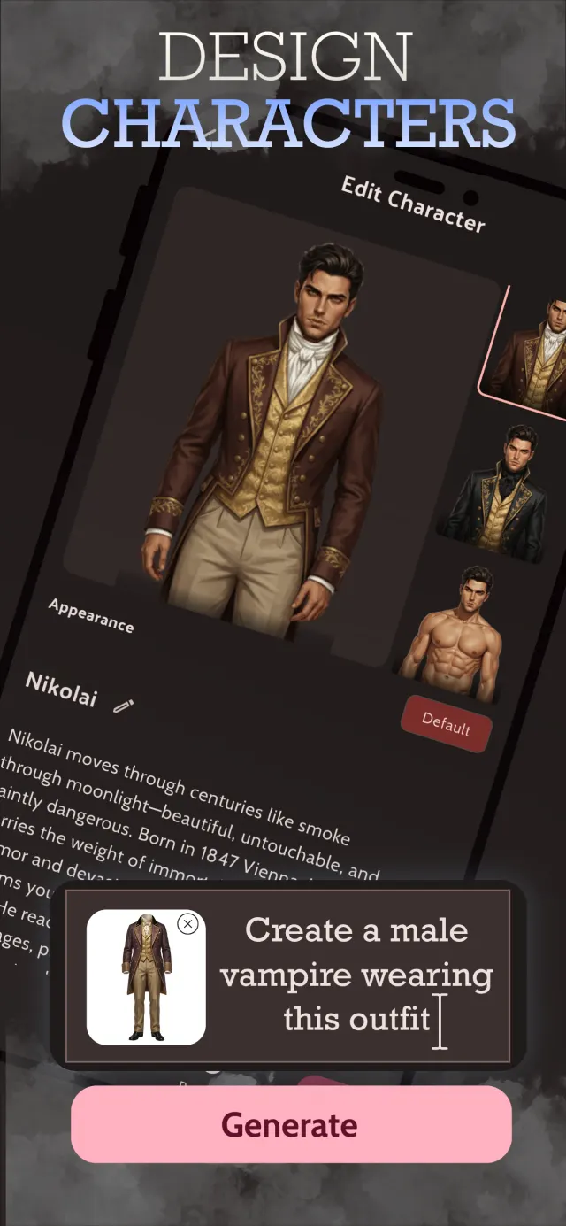 Design characters — describe a character and outfit, the AI generates them